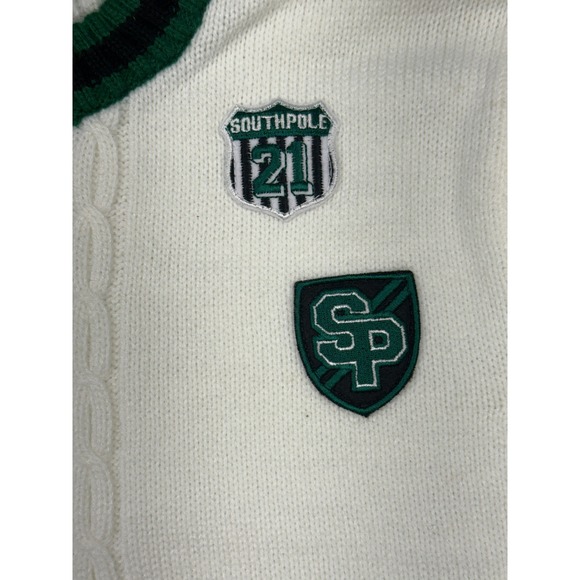 SouthPole VTG Mens White Green Athletic Crest‎ Patch Cable Knit Sweater Size L - Picture 9 of 11